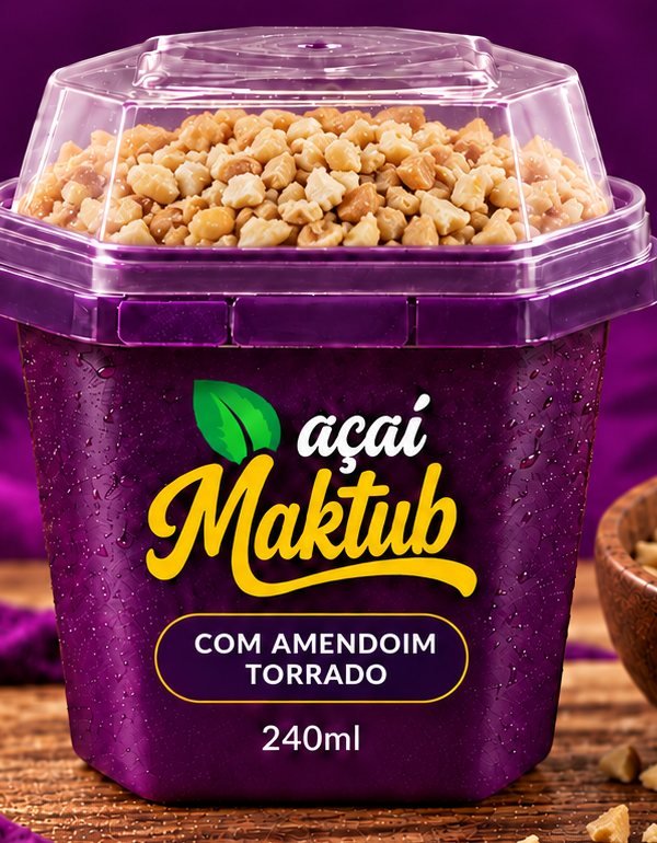 Pote de Açaí Maktub com amendoim torrado triturado na tampa, 240 ml
