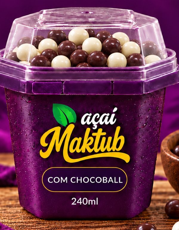 Pote de Açaí Maktub com chocoball branco e ao leite na tampa, 240 ml