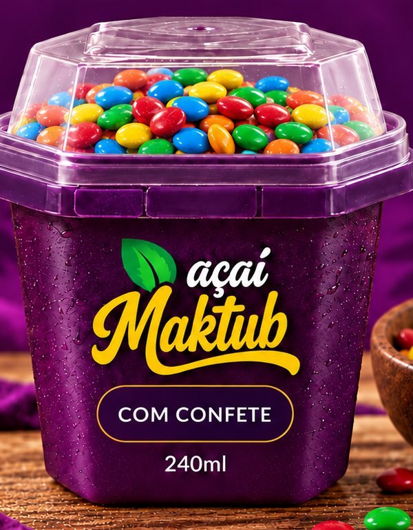 Pote de Açaí Maktub com confete colorido na tampa, 240 ml