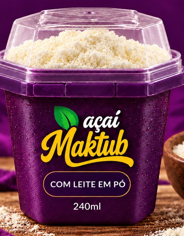 Pote de Açaí Maktub com leite em pó na tampa, 240 ml